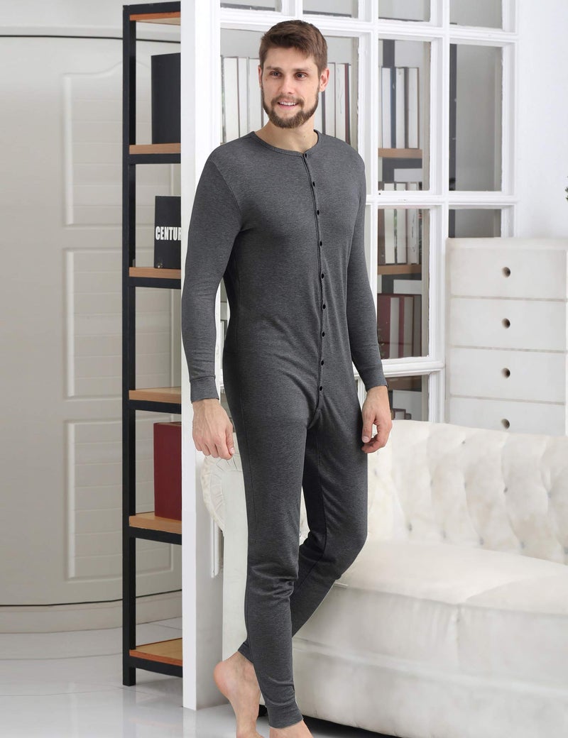 COLORFULLEAF Men's Cotton Thermal Underwear Henley Union Suits Onesies Base Layer (Dark Grey, L) - Image 3